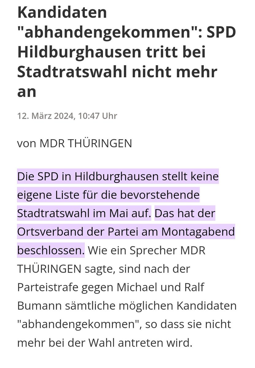 @wsw113355 Aber was ist wenn die AfD den Antrag zustimmt? Brandmauer?

Die Stadträte Michael und Ralf Bumann hatten in Hildburghausen gemeinsam mit der AfD gestimmt. Daraufhin erhielten sie eine Partei-Strafe und dürfen nicht mehr für die SPD tätig sein.