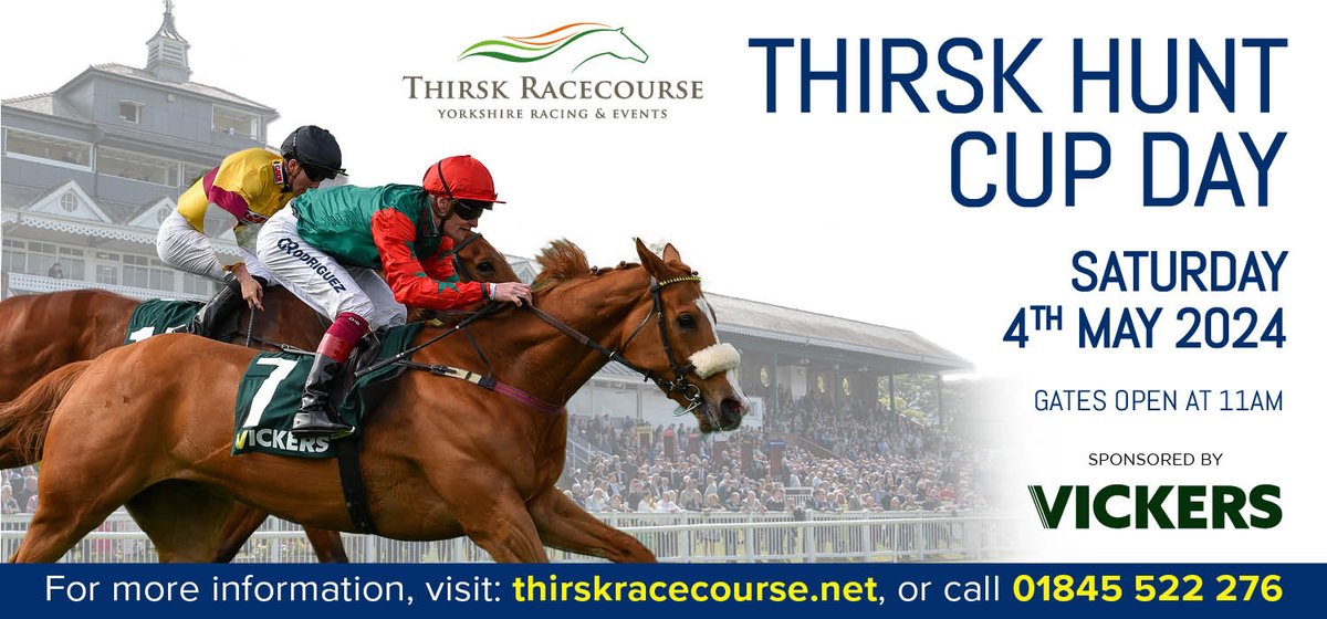 ATTENTION! 📯 Tickets for our vickers.bet Thirsk Hunt Cup change to on the day prices at midnight tonight! Planning to come? BOOK NOW to receive our automatic 20% discount off all admission tickets! thirskracing.eticketme.com/sales/fixtures…