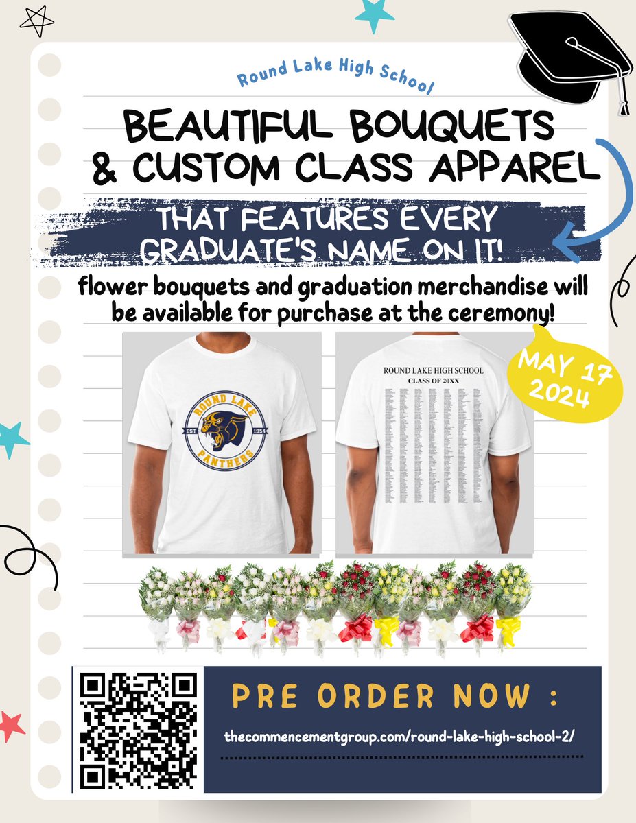 Attention graduates and families! StuCo and The Commencement Group will be on site during graduation selling flowers and graduation merch! You can purchase on the day of or pre order today! See you at graduation!