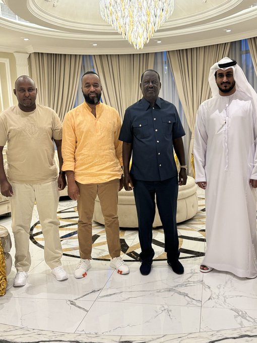 Raila Odinga with Hassan Joho and Junet Mohamed in Abu Dhabi