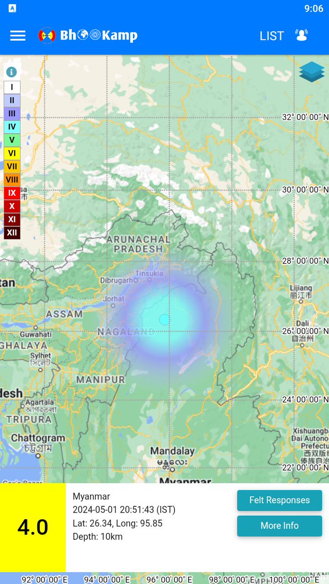 Earthquake of Magnitude:4.0, Occurred on 01-05-2024, 20:51:43 IST, Lat: 26.34 & Long: 95.85, Depth: 10 Km ,Location: Myanmar for more information Download the BhooKamp App riseq.seismo.gov.in/riseq/Interact… @KirenRijiju @Ravi_MoES @Dr_Mishra1966 @ndmaindia @Indiametdept