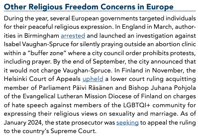 @USCIRF .@USCIRF considers arrest of Isabel-Vaughan Spruce in UK for silent prayer and prosecutions of Paivi Rasanen and Bishop Pohjola in Finland for 'hate speech' to be 'government target[ing of] individuals for their peaceful religious expression.' @ADFIntl