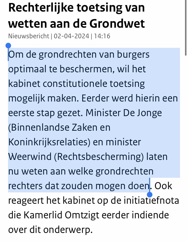 Veel reacties dat een Rechter niet aan de Grondwet maar wel aan Grondrechten zou mogen toetsen. Hier een artikel van 2 april j.l. We hebben gewoon nog geen Constitutioneel Hof die aan Nederlandse Grondwet EN Grondrechten mag toetsen. rijksoverheid.nl/actueel/nieuws…