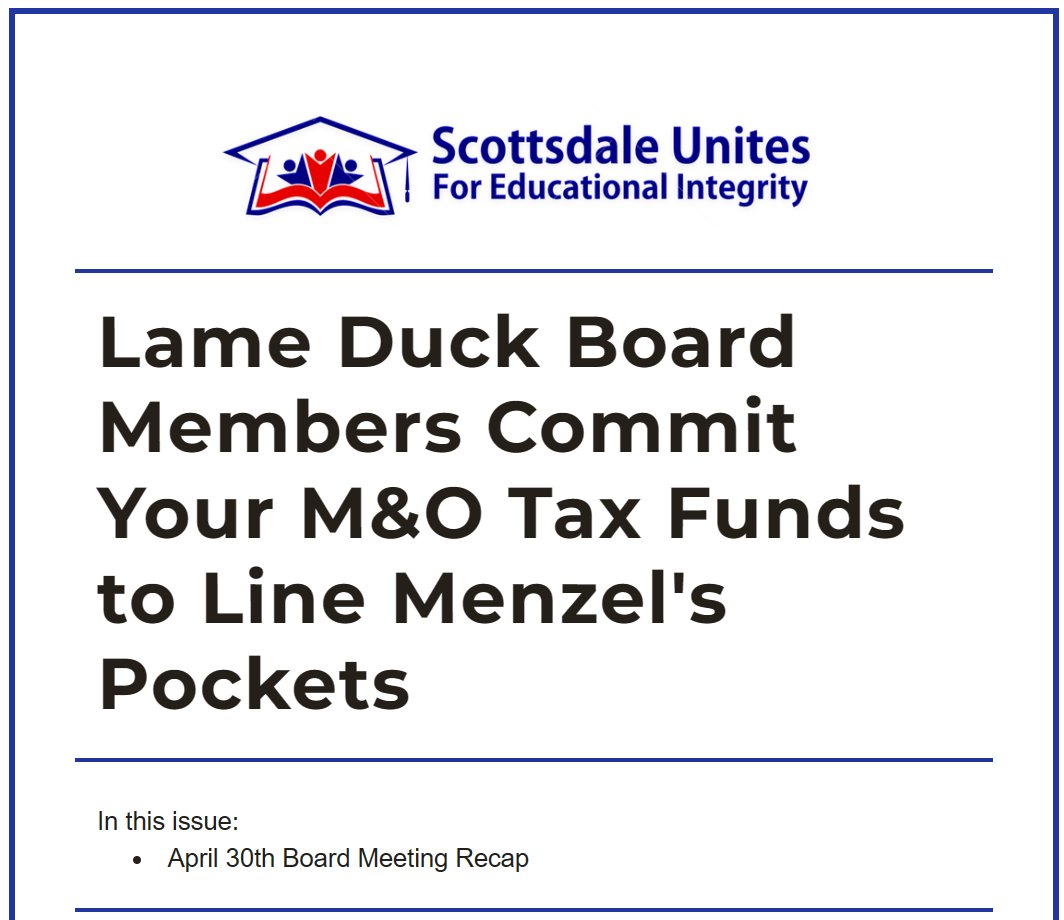 In an overt display of disregard for teachers, students, parents and taxpayers, the 3 outgoing board members join forces to support a superintendent who is fully focused on radical racial and social justice issues. READ: ⬇️ scottsdaleunites.com/so/49Oyh8_TR?l… #BecauseMenzel