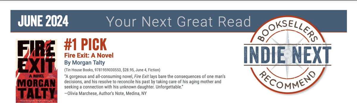 I can share this news, which is still hard to believe. Thank you to booksellers everywhere who read my book and voted. I'm still stunned that FIRE EXIT is June's #1 Indie Pick! Friends--be sure to buy all the books on the list!