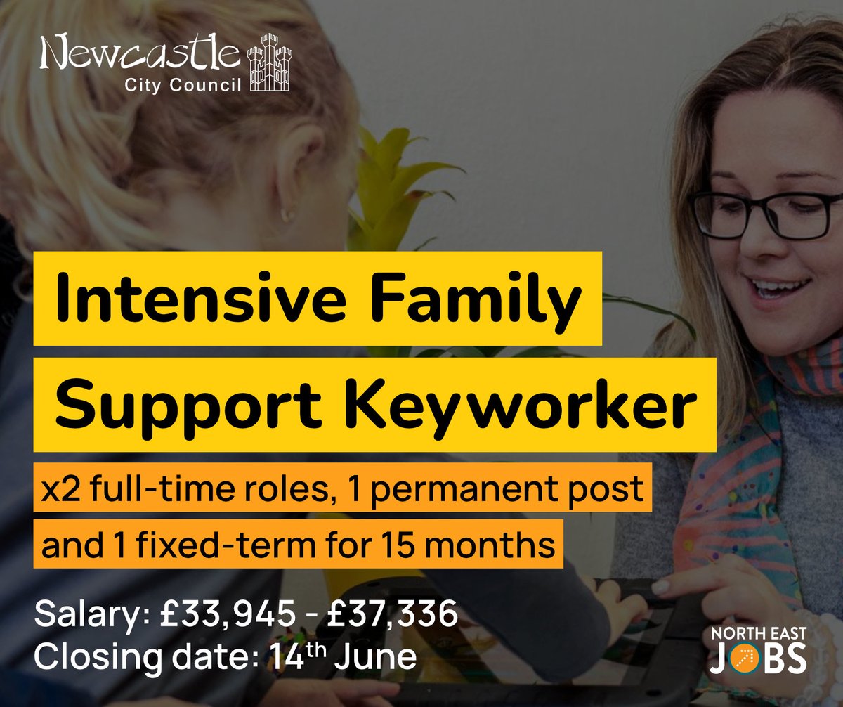 Fantastic opportunity for x2 Intensive Family Support Keyworkers to join @NewcastleCC's Children and Families service.

Find out more 👉 ow.ly/R2mv50RtGGq

💷Salary: £33,945 - £37,336
📆Closing date: 14th June

#NEJobs #NorthEastJobs #PublicSectorJobs