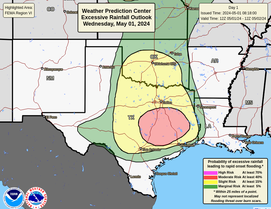 More flooding is likely across central and eastern TX later this afternoon and overnight as thunderstorms are expected to produce widespread 2-4 inches of rainfall. Some rivers in the region are already at moderate-to-major flood stage. Water.noaa.gov