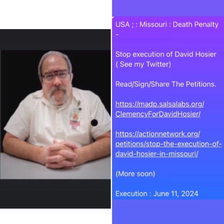 #Missouri Stop execution of #DavidHosier (See my Twitter) Read/Sign/Share The Petitions. madp.salsalabs.org/ClemencyForDav… (You can sign with Name, First Name and Email.) actionnetwork.org/petitions/stop… (More soon) Execution : June 11, 2024 @GovParsonMO