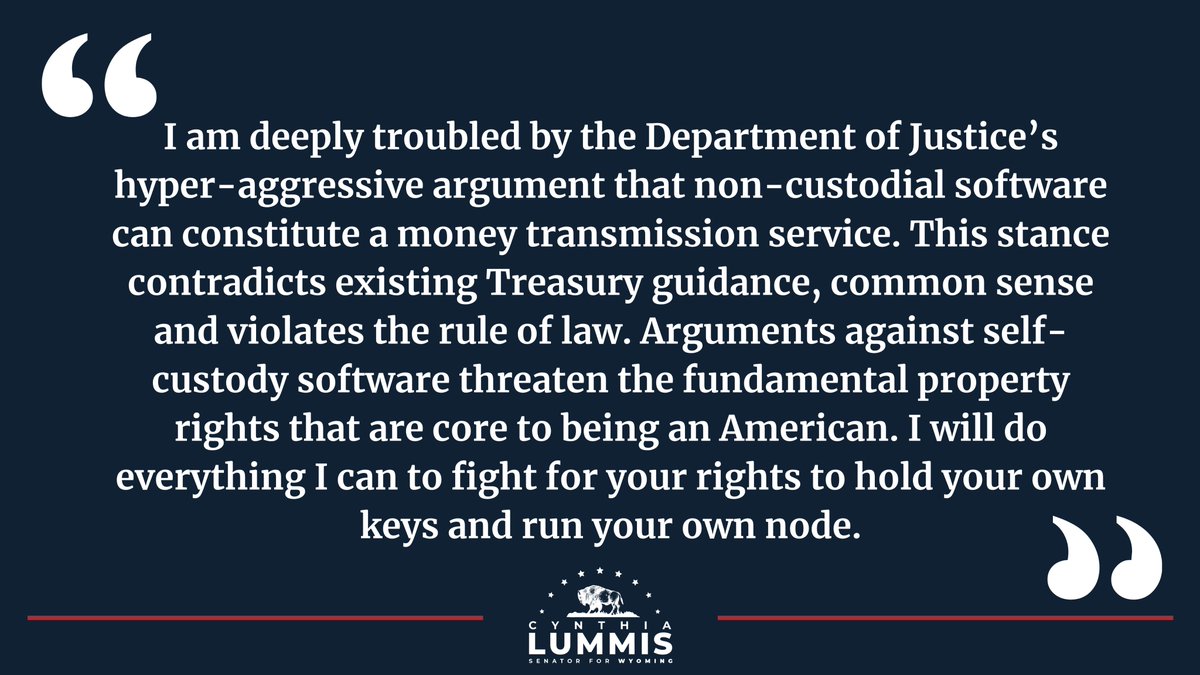 JUST IN: 🇺🇸 US Senator Cynthia Lummis says she's deeply concerned by the DOJ going after #Bitcoin non-custodial software. 'I will do everything I can to fight for your rights to hold your own keys and run your own node.' 👏