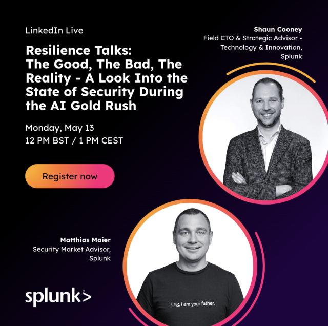 #GenAI has gone mainstream. But what does that mean for #cybersecurity teams? Join Splunker Matthias Maier and Shaun Cooney as they discuss key findings of the Splunk State of Security 2024 Report in a LinkedIn Live on May 13. Register now! #SplunkSecurity bit.ly/4a6UNgJ