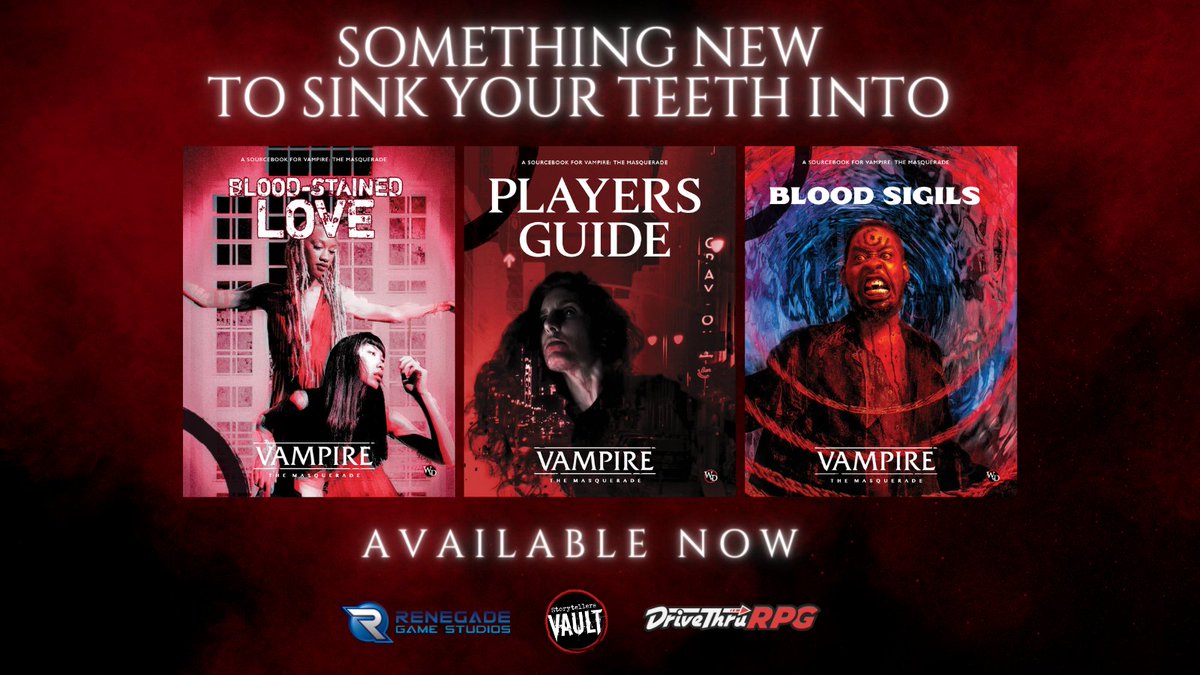 Vampire: The Masquerade 5th Edition Players Guide, plus the Blood Sigils and Blood-Stained Love Sourcebooks are available now from @PlayRenegade Get 'em here: tinyurl.com/yu5ebzuc #TTRPGs #VampireTheMasquerade