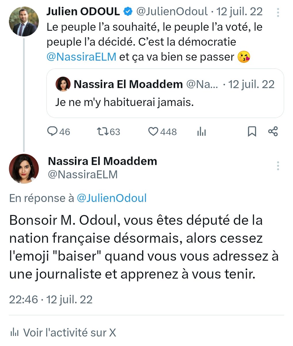 .@JulienOdoul c'est aussi ce député tout juste élu, qui se permet de m'adresser un emoji 'baiser' alors que je dénonce sur Twitter le fait que pour la première fois de l'histoire de notre pays, un parti d'extrême droite préside une séance de l'Assemblée nationale.