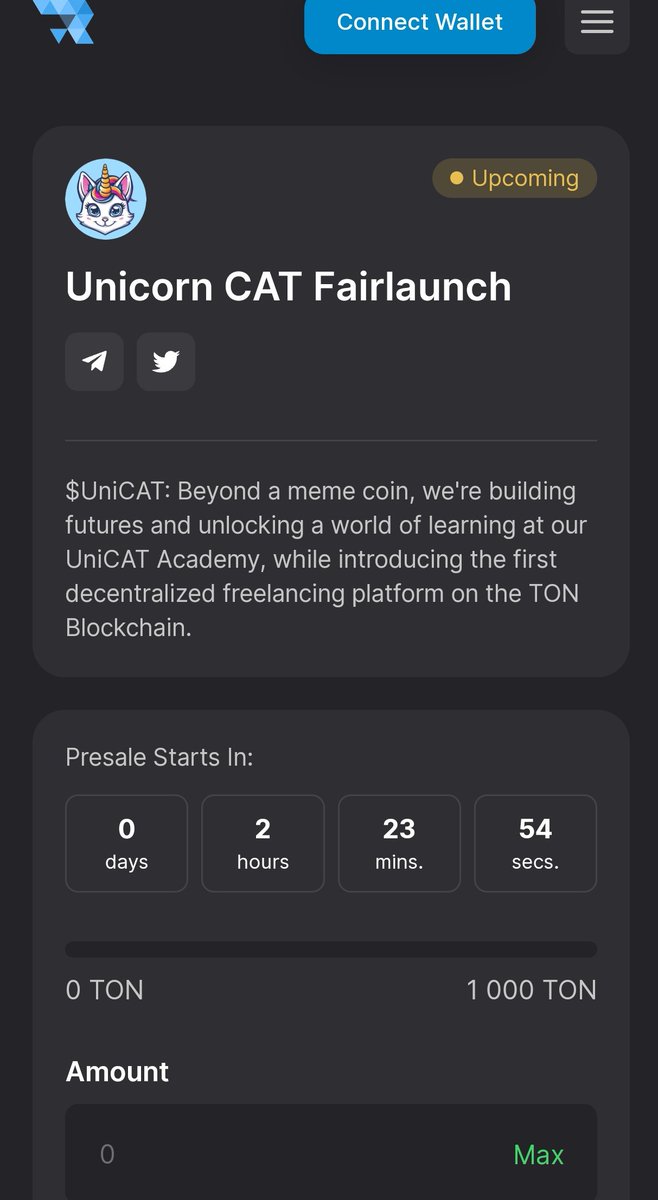 🪷🪷@UniCatTON Fairlaunch will start within 2hours from now on @TonRaffles  🚀🚀🚀

✅Detail:

💥Soft Cap: 1000 $TON
💥Limit per user: 150 $TON
💥Presale Start Time: 2024.05.01 18:00 (UTC)
💥Presale End Time: 2024.05.08 18:00 (UTC)
💥Listing On: STON.fi 🔥

💚Link