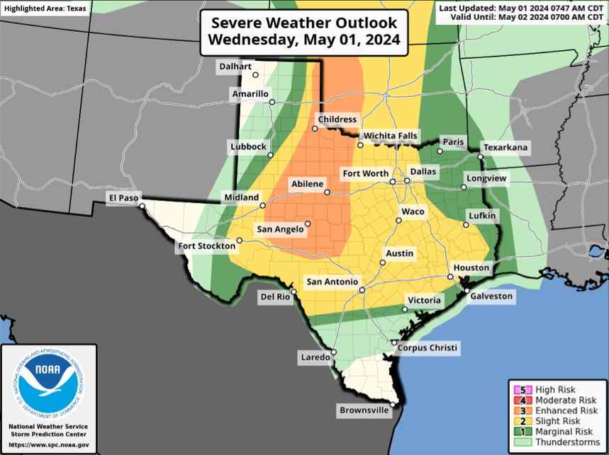 ☔️Much of the state faces multiple severe weather threats today☔️ Texans can expect: 💧Heavy Rainfall 🌊Flash/River Flooding ⛈️Large Hail 🌬️Damaging Wind 🌪️Possible Tornadoes Pay attention to info from local officials & monitor local forecasts. Tips: TexasReady.gov