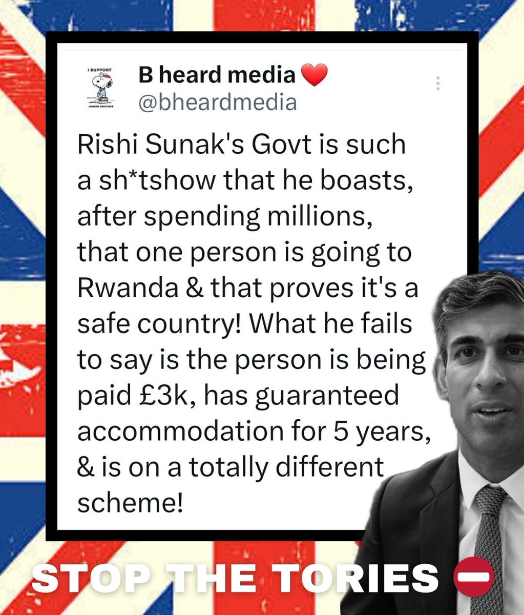 Rishi Sunak's Govt is such a sh*tshow that he boasts, after spending millions, that one person is going to Rwanda & that proves it's a safe country! What he fails to say is the person is being paid £3k, has guaranteed accommodation for 5 years, & is on a totally different scheme!