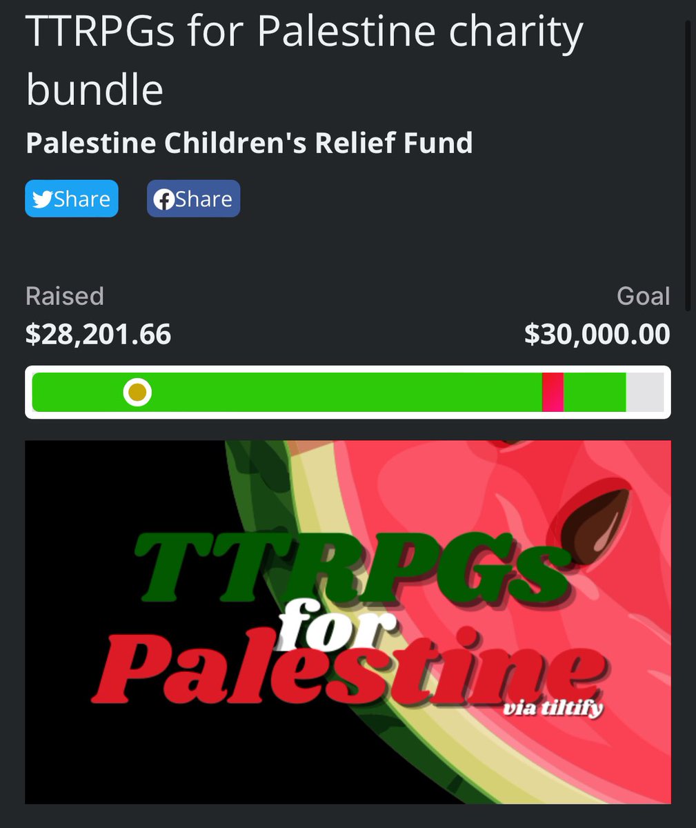 TTRPGs for Palestine via tiltify charity bundle been EXTENDED. Donations will close at the end of day on Friday, May 3! There are 190+ TTRPGs for you to discover for a $15+ donation to @ThePCRF Donate here to help us reach our $30,000 goal: tiltify.com/@jesthehuman/t…