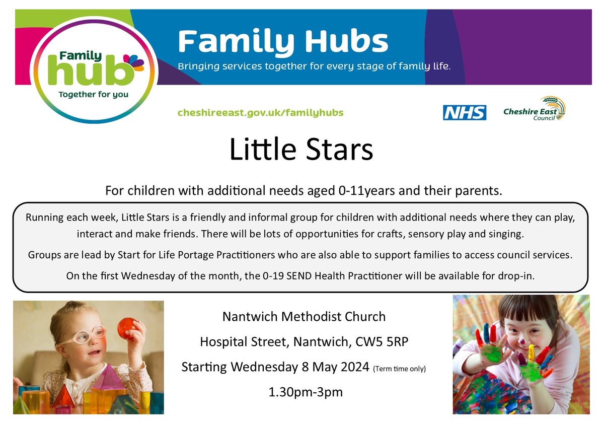 Little Stars is a friendly & informal group for children with additional needs aged 0-11 years and their parents/carers. From Weds 8 May the group will be on every week during term time, at Nantwich Methodist Church, from 1.30-3pm. No need to book, just drop in! See photo 👇