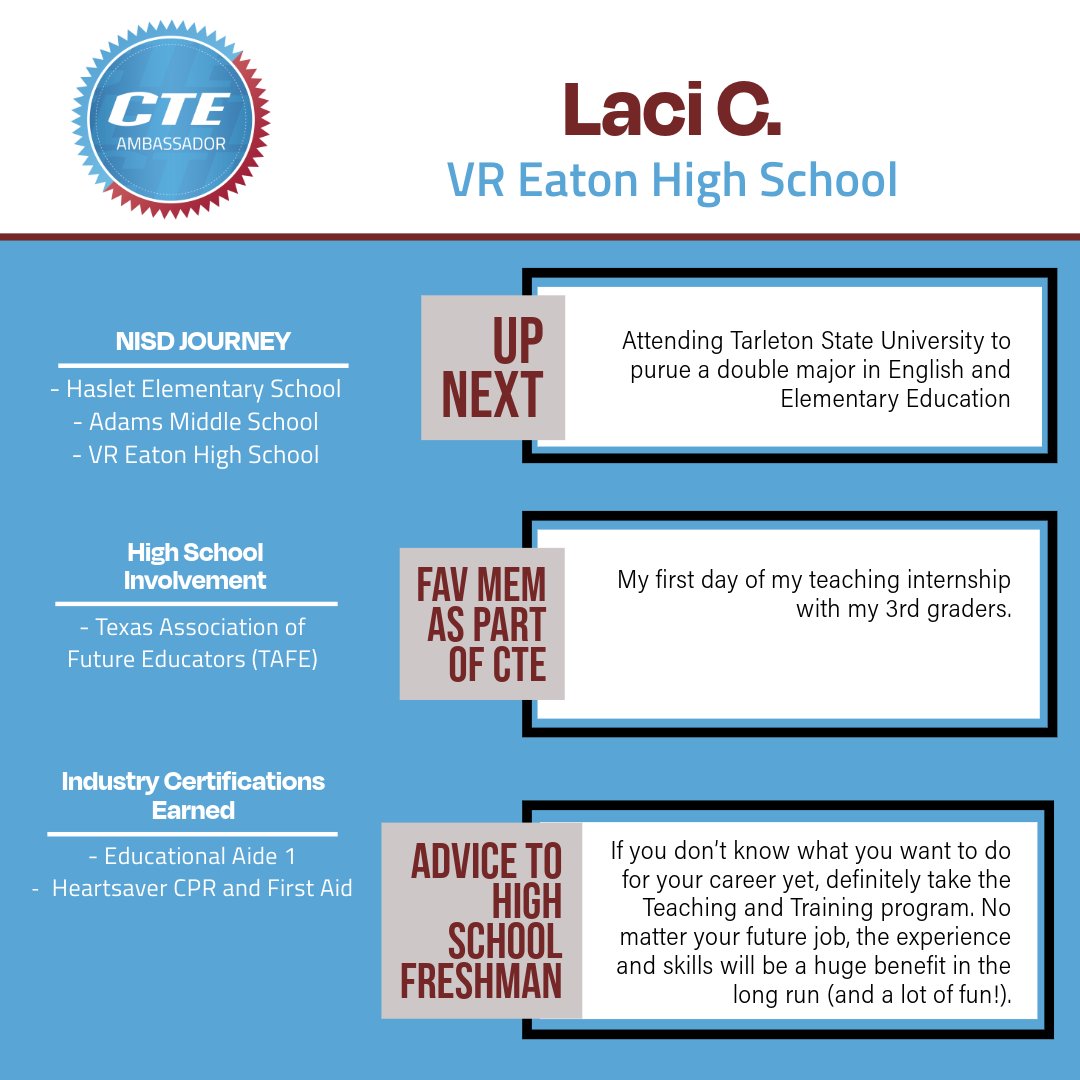 🎓Congrats to Class of '24 NISD CTE Ambassador LACI C. | Teaching & Training @EatonHighSchool🌟Laci would like to recognize CTE teacher Ms. Mercedes Parker for being a terrific mentor + sincerely helping her in every aspect of her teaching career pathway. Read about Laci⬇️