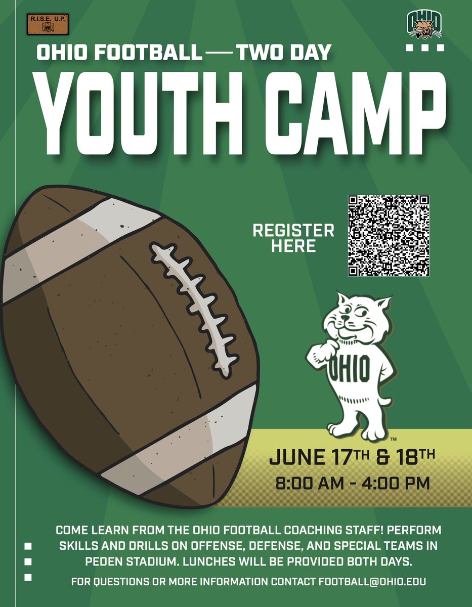 Come learn from the Ohio Football coaching staff this summer! 🏈 Register here: bit.ly/3WoiyxM | #OUohyeah