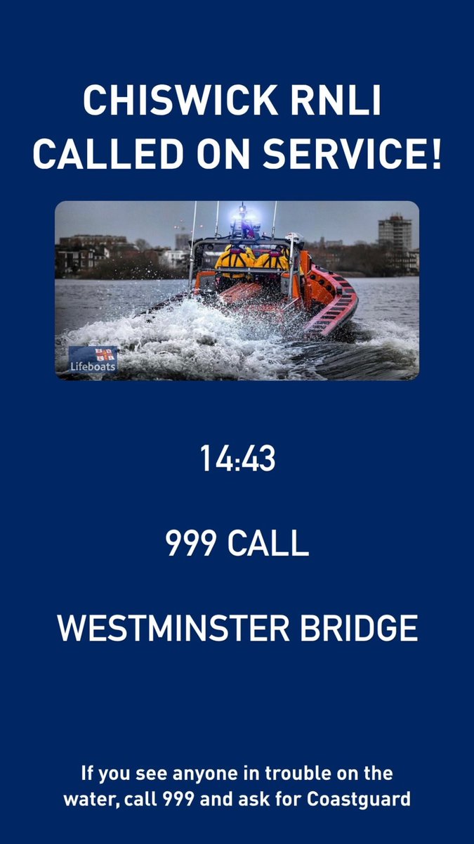 Chiswick lifeboat launched on service!

(Click picture for details - Westminster)

#SAR
#Lifeboat
#London 
#RNLI 
@RNLI 
#Rescue
#savinglivesatsea
