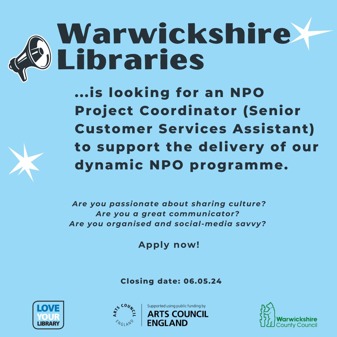 Join @warkslibraries NPO Team as our Project Coordinator (PT) & support the delivery of a vibrant & dynamic arts/cultural programme. D/L: 6th May Info: bit.ly/4aeJCUe Join the only library NPO in the West Midlands! @Warwickshire_CC @ace_midlands @ace_national