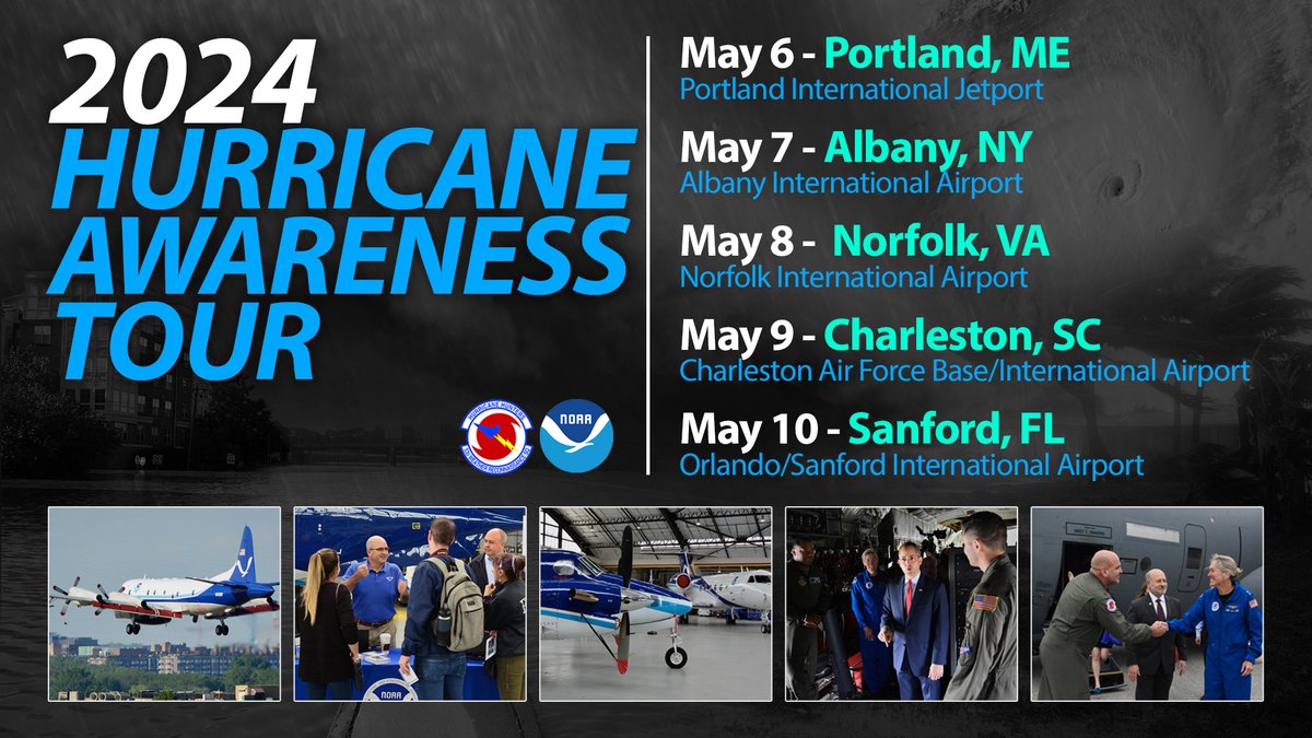 We’re a month away from hurricane season, but there's less than a week until the 2024 Hurricane Awareness Tour! Come meet @NHC_Atlantic forecasters and see @NOAA and @53rdWRS hurricane hunter aircraft! Learn more here: noaa.gov/media-advisory… #FlyaNOAA #HurricanePreparedness