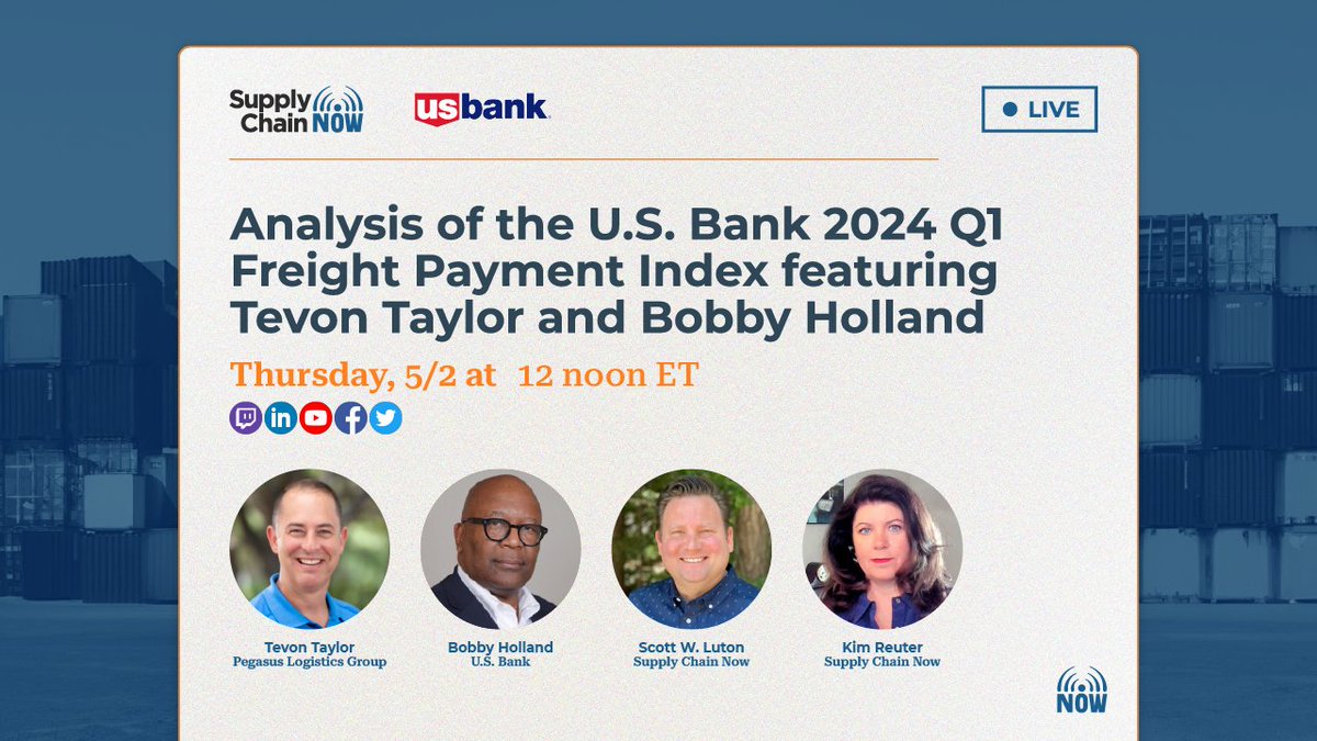 🚛🔍 Crack the freight market code with SCN and @usbank! 💼 Join us for a free LS analysis of the U.S. Bank 2024 Q1 FPI with @ScottWLuton, Kim Reuter, Tevon Taylor from @pegasus_dallas, and Bobby Holland from U.S. Bank. 📈 Reg: bit.ly/49WzHll