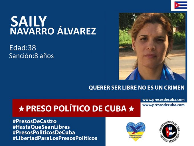 #Twittazo Libertad para Saily Navarro Álvarez. 
.
#PresosDeCastro Encarcelados por decir la verdad. Su sacrificio es nuestro llamado a la acción.
.
.
.
#HastaQueSeanLibres 
#PresosPoliticosDeCuba
#LibertadParaLosPresosPoliticos