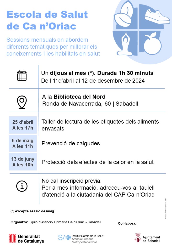 📚 𝗘𝘀𝗰𝗼𝗹𝗮 𝗱𝗲 𝘀𝗮𝗹𝘂𝘁 𝗱𝗲 𝗖𝗮 𝗻'𝗢𝗿𝗶𝗮𝗰 📚 Sessions de primavera organitzada pel #CAPCanOriac #Sabadell 🗓️ 6 de maig  👉 Prevenció de caigudes en gent gran 🕕 11h 📍 Biblioteca del Nord @aj_sabadell @bibliotequesXBM @bibliotequesSBD    🟢Entrada lliure