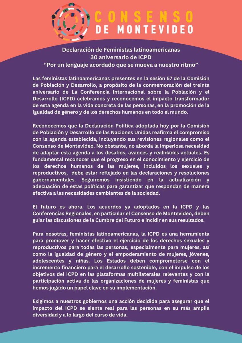 #ICPD30 | Las feministas latinoamericanas decimos: ¡Merecemos gobiernos que se muevan al ritmo de nuestros derechos! Conoce nuestra declaración: acr.ippf.org/es/news/por-un… #CPD57 #ConsensoDeMontevideo