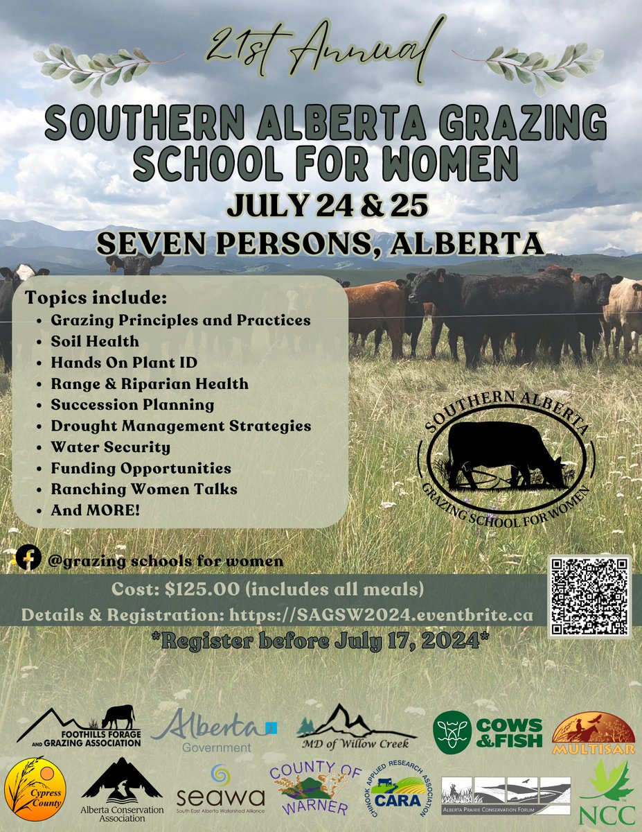 Registration is OPEN for the 2024 Southern Alberta Grazing School for Women! Join us on July 24, and 25, 2024 in Seven Persons for two full days of excellent industry speakers, and hands on activities. To learn more and to register visit: SAGSW2024.eventbrite.ca