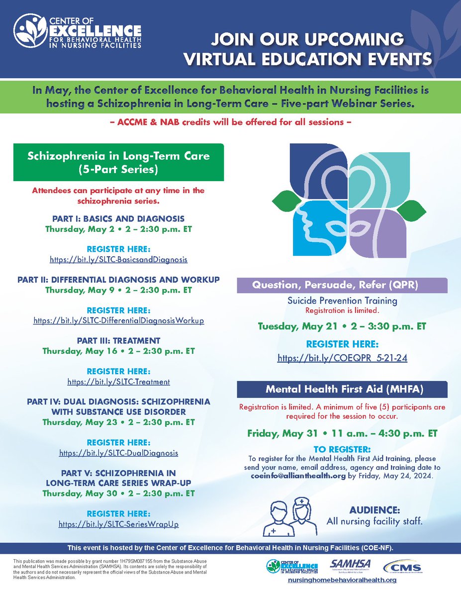 Mark your calendars for our May virtual education events! Click here to register: bit.ly/COENF_Upcoming… #MentalHealth #LongTermCare