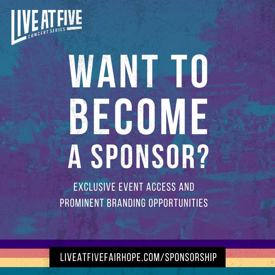 Fuel the magic of Live at Five and become a sponsor today! 🌟 Join us in supporting local music, community engagement and unforgettable experiences. For more information, reach out to us or visit our website. 🎶🎉 #LiveAtFive #SponsorshipOpportunity #CommunitySupport