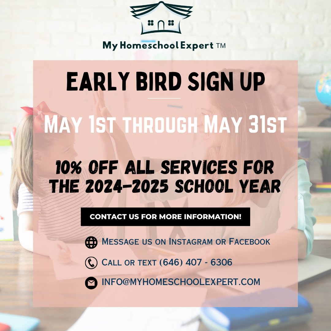 We are excited to announce our early bird special deal for May! 10% all services for the 2024-2025 school year.

#homeschoolparents #homeschool #homeschooling #HomeSchool #homeschooling #homeschoolmom #homeschooldad #homeschoollife #homeschoolers #homeschooler #homeschooled
