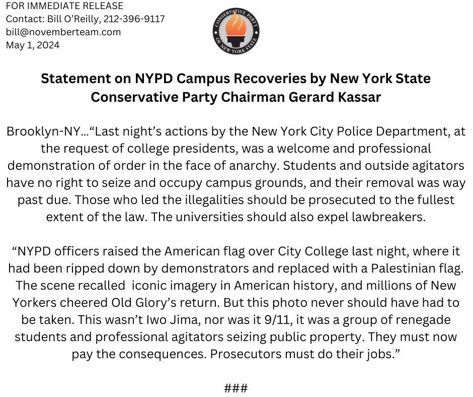 Statement From NYS Conservative Party on NYPD Campus Recoveries: