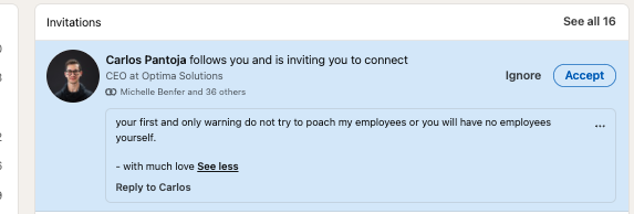 alischwanke's tweet photo. Instead of being pitch slapped, now LinkedIn comes with threats. 

WTF is this. https://t.co/pXbPA8DhTc