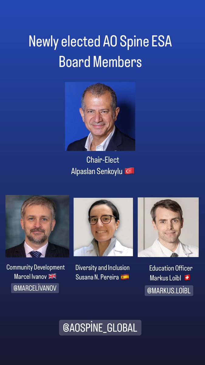 I am deeply humbled to share this post and extend my congratulations to the newly elected European and South African Board Officers

It is truly an honor to have the opportunity to serve the AOSpine Community alongside such a dedicated team

@AOSpine