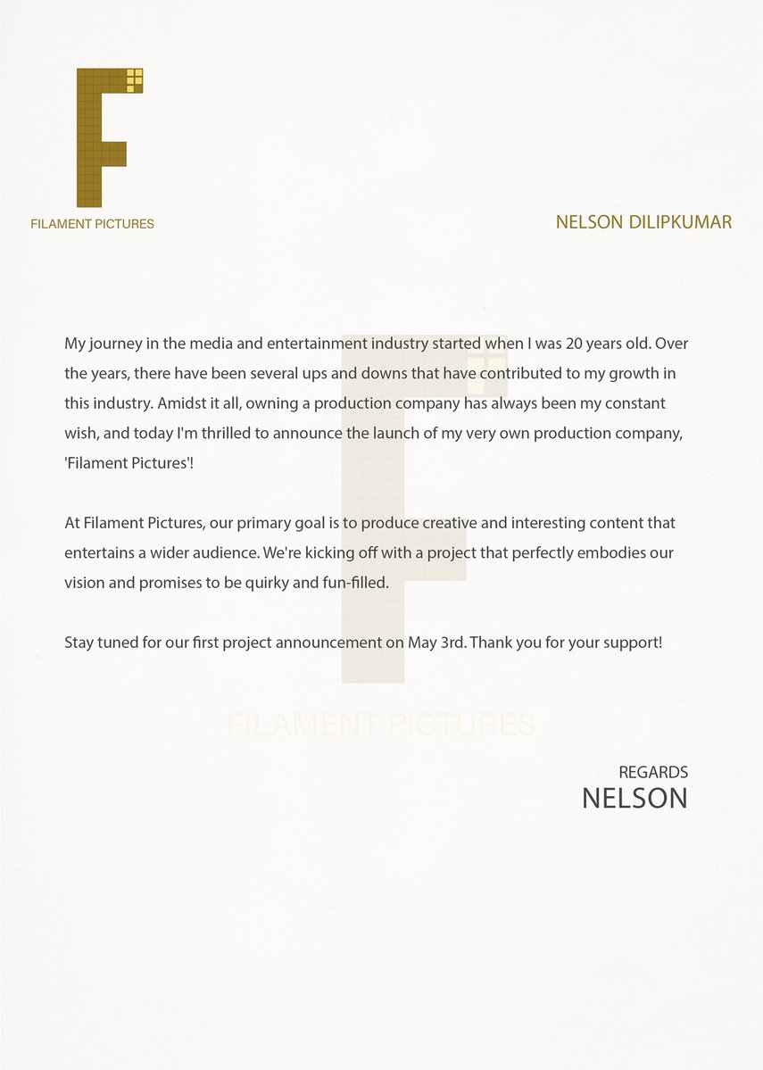 @Nelsondilpkumar new production house #FilamentPictures #Nelson