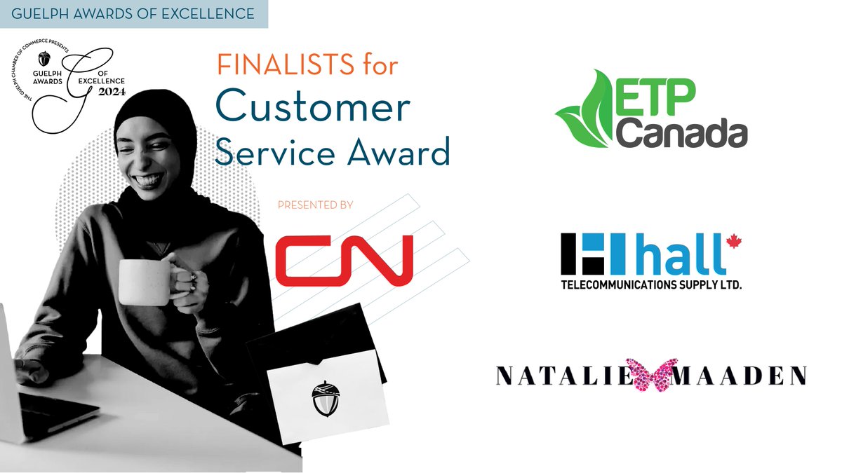 Congratulations to our 2024 finalists for the Customer Service Award - Presented by @CNRailway  : @ETPCanada , Hall Telecommunications Supply Ltd., and Natalie Maaden Laser & Spa Inc.
👏Save your seat & cheer them on at the #GuelphAwardsofExcellence today!
bit.ly/49lUdf0