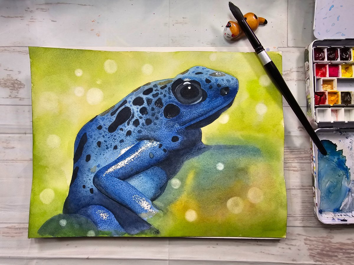 𝗣𝗼𝗶𝘀𝗼𝗻 𝗱𝗮𝗿𝘁 𝗳𝗿𝗼𝗴.⁣ 9' x 12'⁣ watercolour painting⁣ I am so delighted with how this turned out. 🥰⁣ ⁣ Paper: @st_cuthberts_mill HP⁣ Paint: @rockwell_canada ⁣