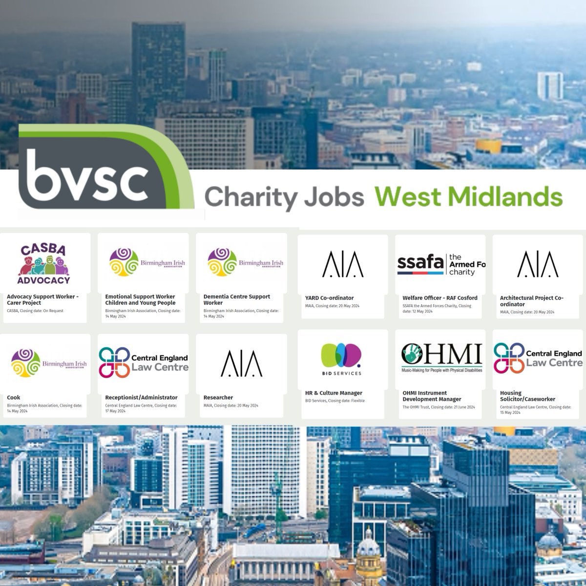 Such a variety of #charity jobs added to our @BVSCWMJobs website this week, including: @CASBAadvocacy1 @brumirish @TheOHMITrust @SSAFA, @BIDServices @CE_LawCentre and more... bvsc.org/bvsc-charity-j… #jobs #careers #Birmingham #Solihull #WestMidlands