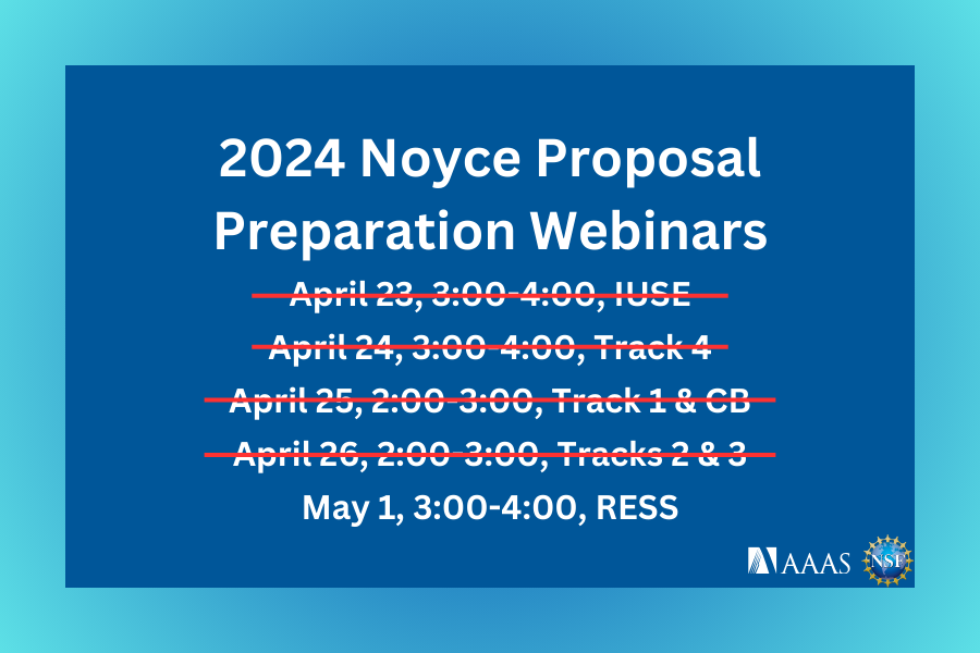 Our last session for this NSF Noyce Proposal Preparation Webinar series is TODAY at 3:00 PM ET! Join us to learn about Research Experiences in STEM Settings (RESS) and additional funding opportunities with Noyce.

Register here: engage.aaas.org/4d87mLC

#STEMEducation #Noyce #NSF