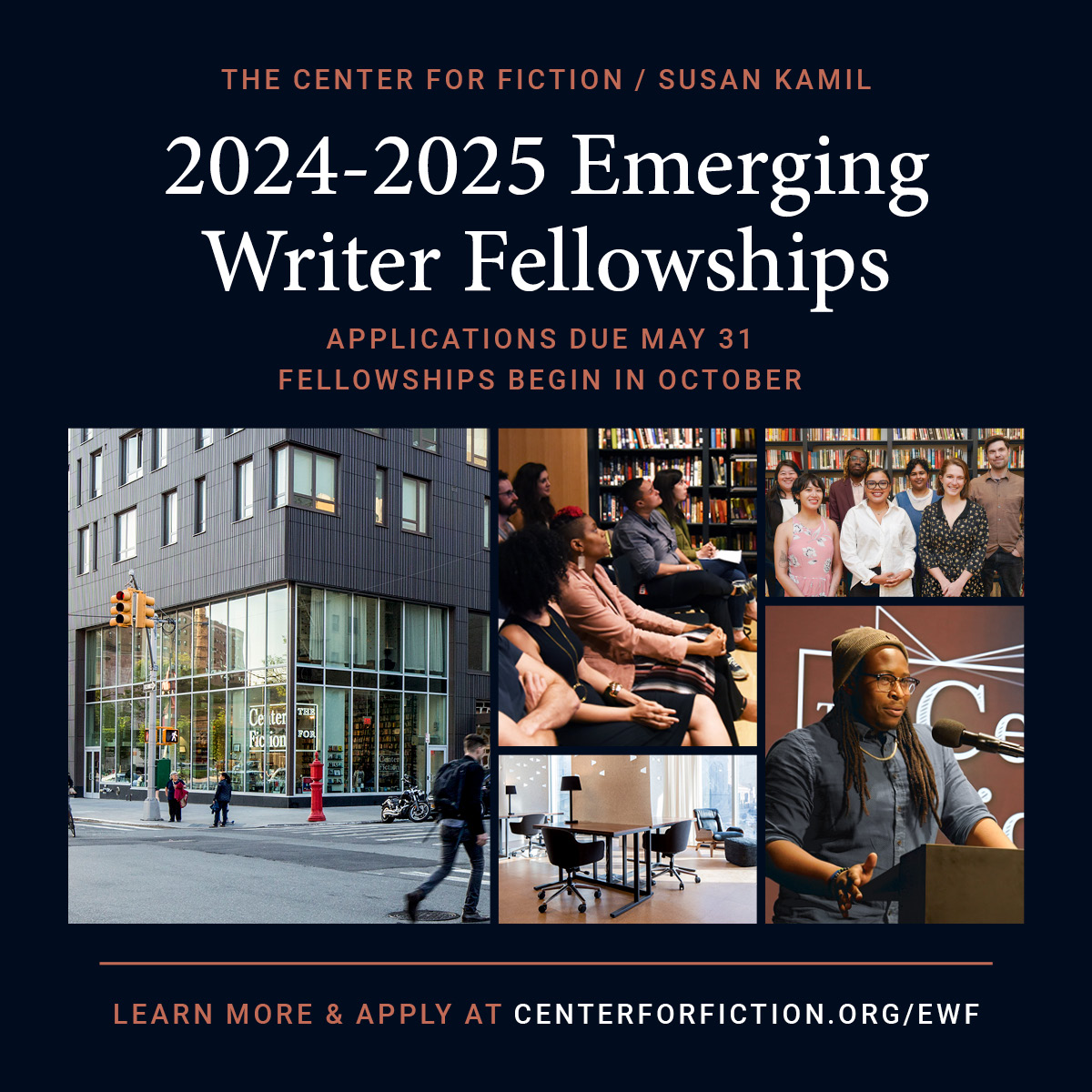 The application period for the 2024-2025 Emerging Writer Fellowships is now officially open! Are you a New York City-based fiction writer who hasn't published a book? Submit a writing sample by May 31st to apply. (It's free!) Learn more here: tinyurl.com/5n9bawf7