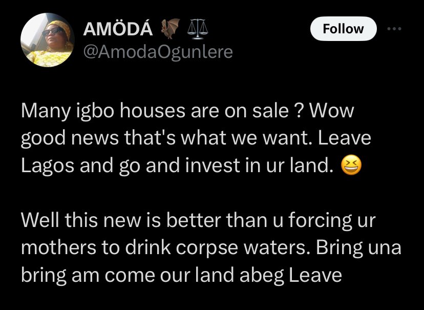 @AmodaOgunlere @MoghaluKingsley You are crying because of what she said...but you are the one happy telling the Igbo to leave Lagos. She only took your advice you are here yapping like a crying baby who needs breast feeding. You say one thing and here you are playing victim card from your advice. Shame on you.