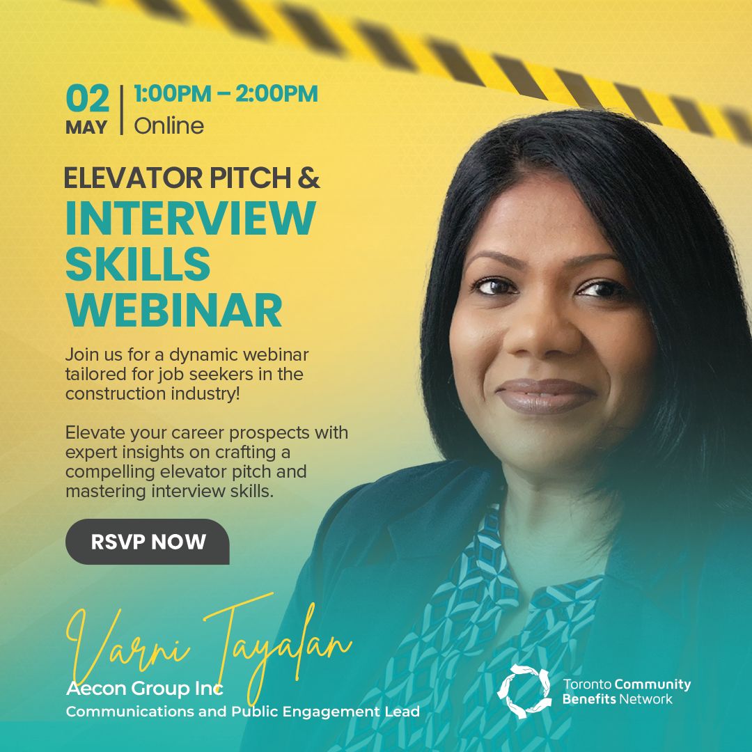 HAPPENING TOMORROW!

Join us on May 2nd at 1 PM for a dynamic webinar, held by @VTayalan , tailored for job seekers in the construction industry

Please visit communitybenefits.ca/career_talk_el… to RSVP

#communitybenefits #interviewskills #jobseeker