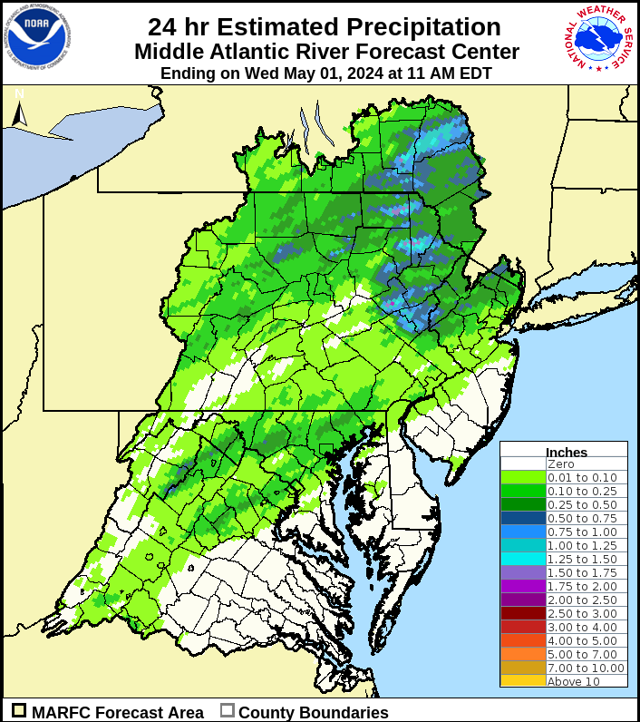As expected, 24-hour estimated precip totals ending at 11 AM this morning show that last evening's showers and storms didn't produce much rain across southern PA. Most areas received 0.10-0.25' or less with slightly higher amounts (0.25-0.50') in parts of northern MD. #pawx #mdwx