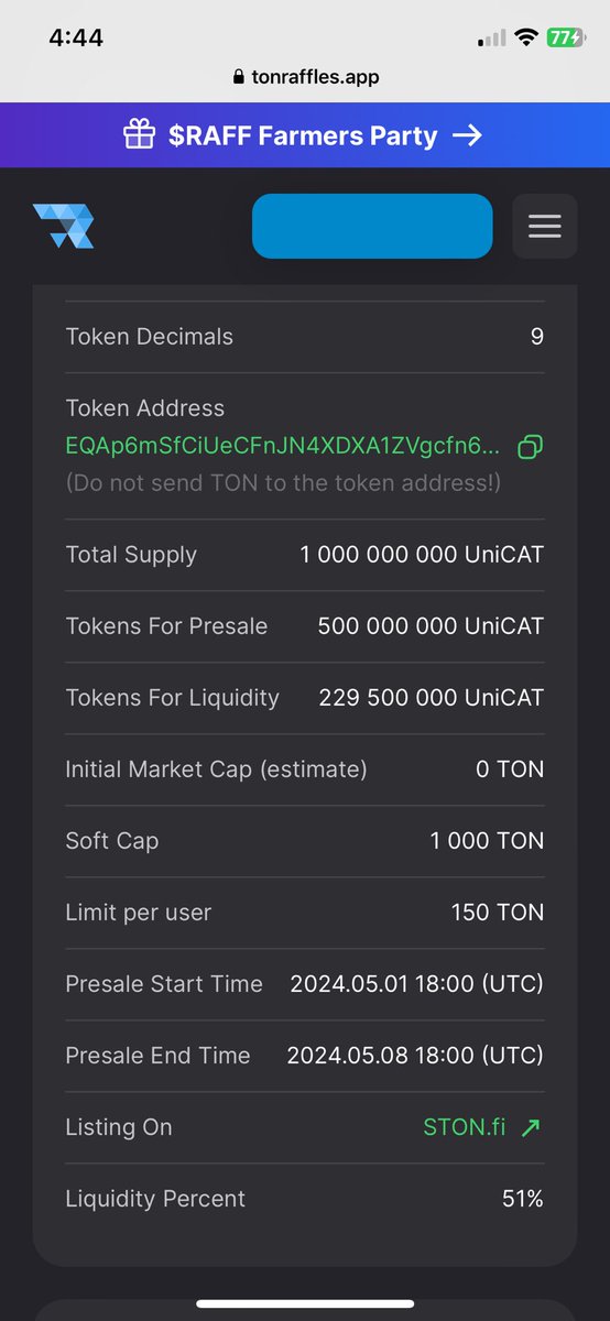 Another FairLaunch Party!! @UniCatTON  FairLaunch goes Live in 2hours!

Get your wallet ready on @TonRaffles 

And don’t miss out. 

Starts : 01:05:2024
Ends : 08:05:2024