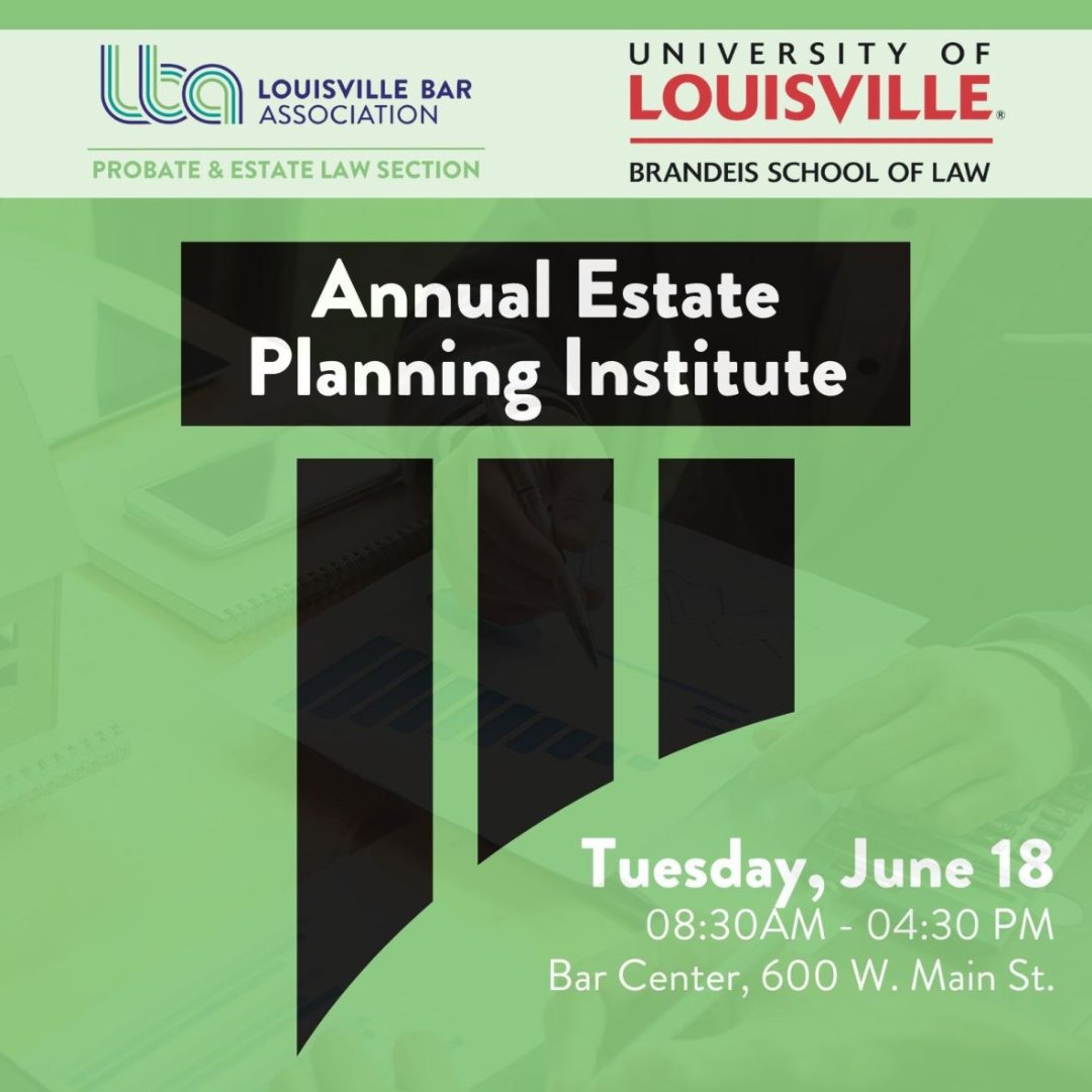 Louisville Bar Assoc (@loubarassoc) on Twitter photo Unlock the secrets of estate planning, elder law and taxation at The Estate Planning Institute! Hosted by the <a href="/LouisvilleLaw/">Louisville Law</a> and the LBA, this exclusive annual event offers tailored instruction on key issues in the field.
🔗Register now: bit.ly/4bjFvWW
#Law #Education Unlock the secrets of estate planning, elder law and taxation at The Estate Planning Institute! Hosted by the <a href="/LouisvilleLaw/">Louisville Law</a> and the LBA, this exclusive annual event offers tailored instruction on key issues in the field.
🔗Register now: bit.ly/4bjFvWW
#Law #Education