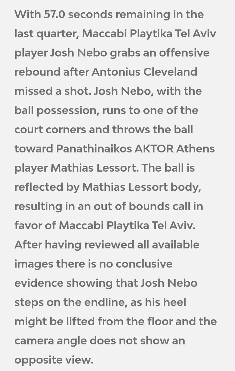 #EuroLeague report doesn't consider clear the play in which Josh Nebo seems to step on the line due to bad camera angles