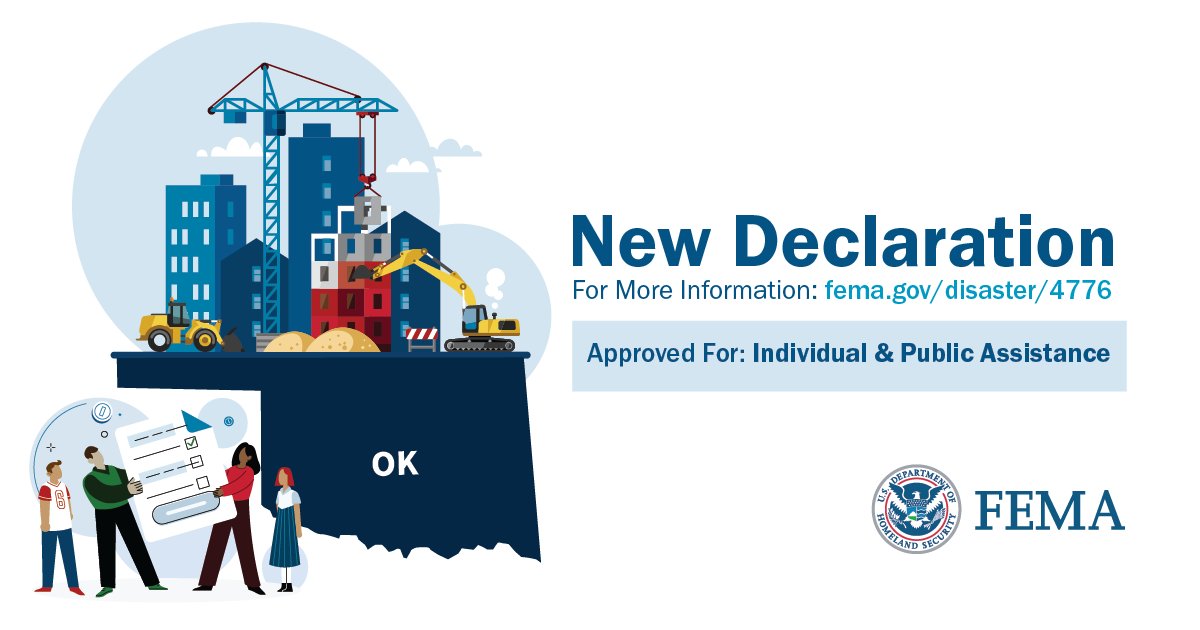 Oklahoma: Federal assistance is now available to supplement recovery efforts in the areas affected by the recent tornadoes. Survivors who sustained damages can apply for individual assistance if they live in one of the delegated counties. More info: fema.gov/press-release/…